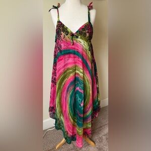 Elegant Asymmetrical Pink and Green Dress